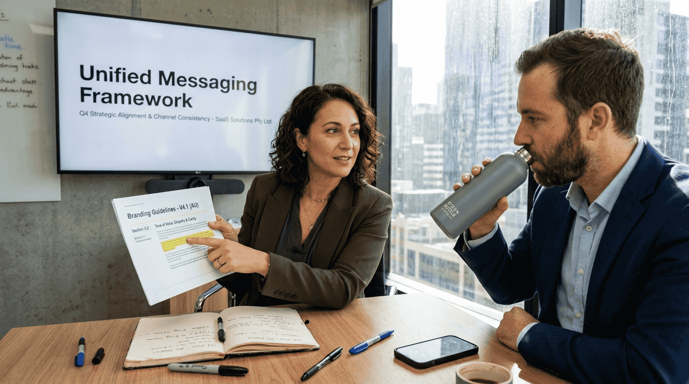 SaaS team reviewing brand identity materials