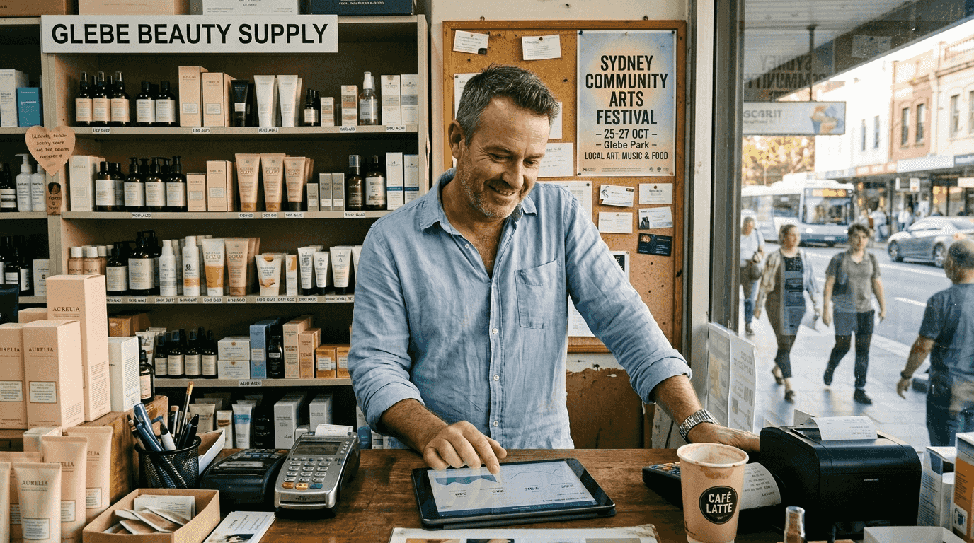 Business owner checking Facebook analytics in shop