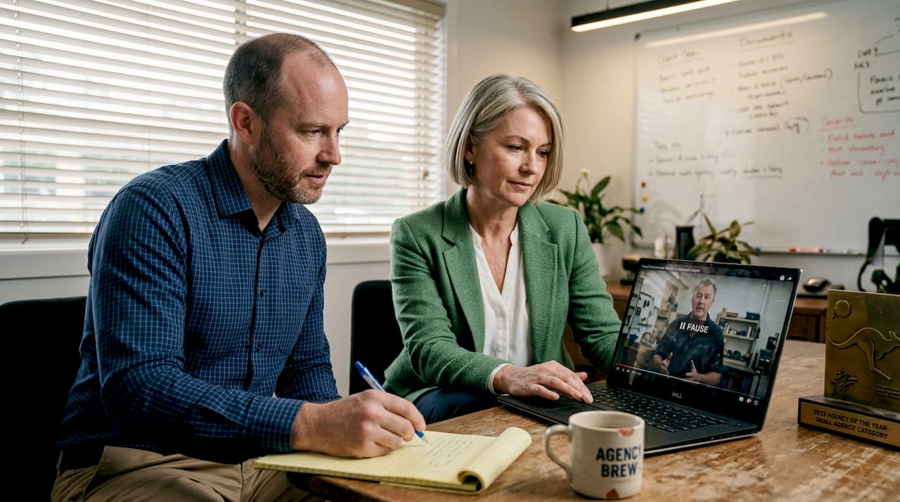 Team reviewing testimonial video at agency meeting table