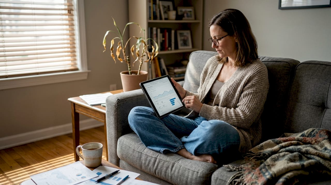 Woman reviews website analytics at home