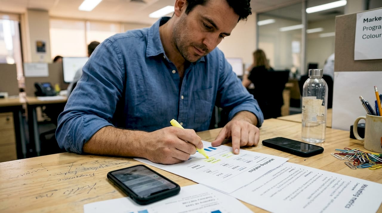 Marketer reviewing printout of key metrics