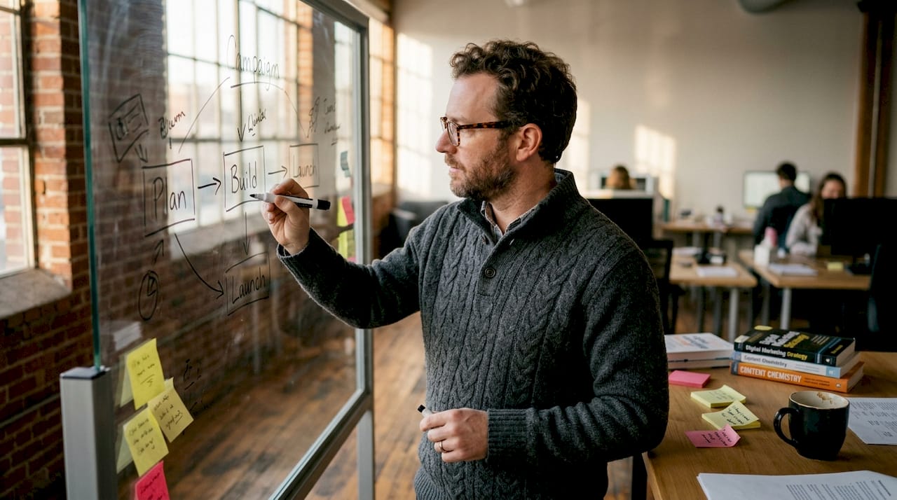 Man draws marketing workflow on whiteboard