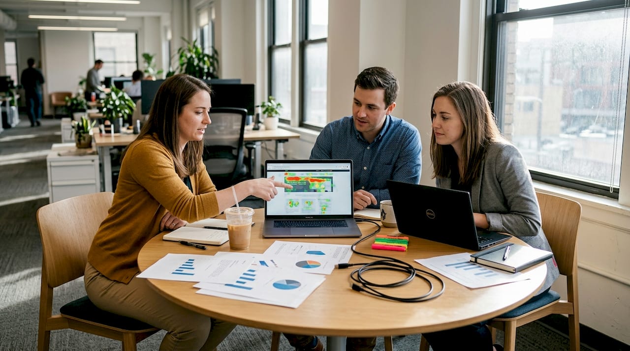 Team discusses website audit findings together