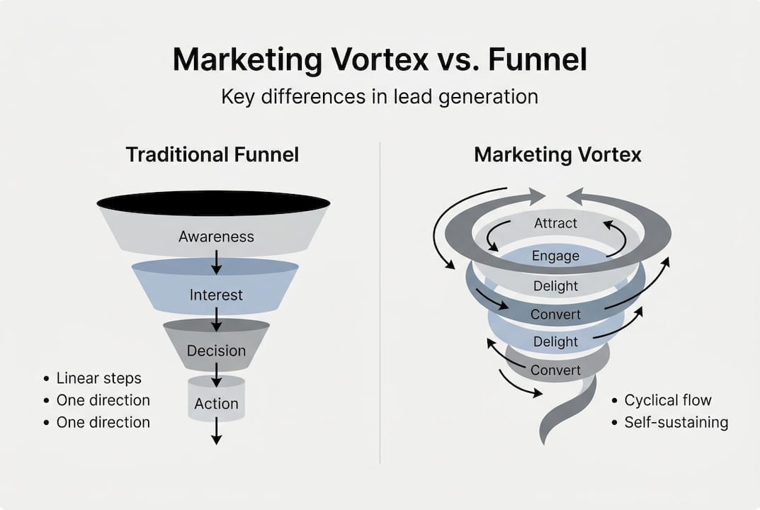 Infographic comparing vortex and funnel marketing