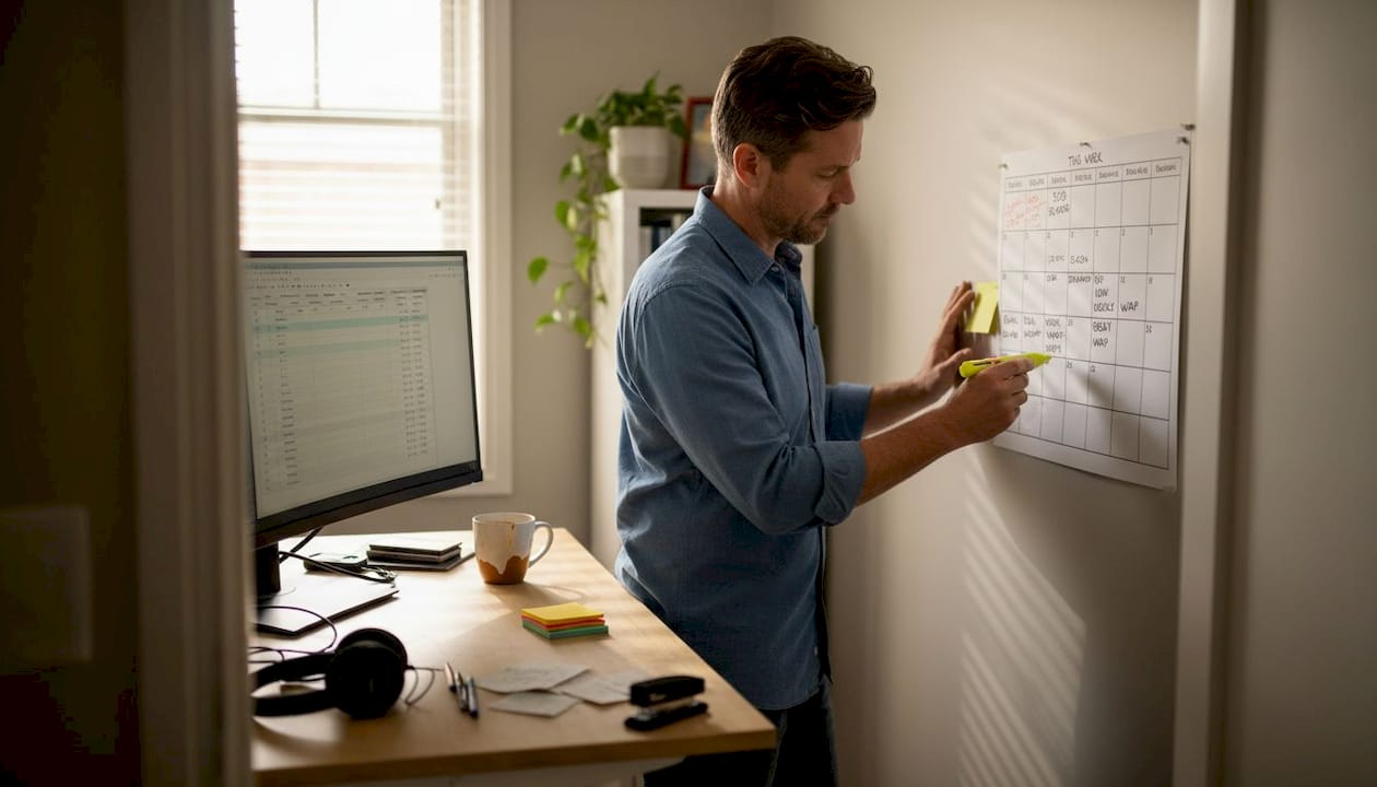 Man reviewing marketing workflow notes at desk