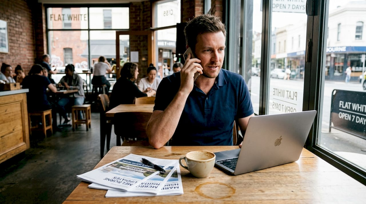 Man calling client at café with laptop and flyers
