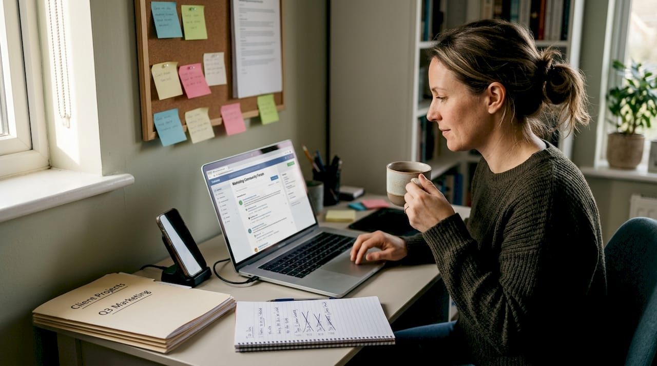 Business owner networking online for community growth