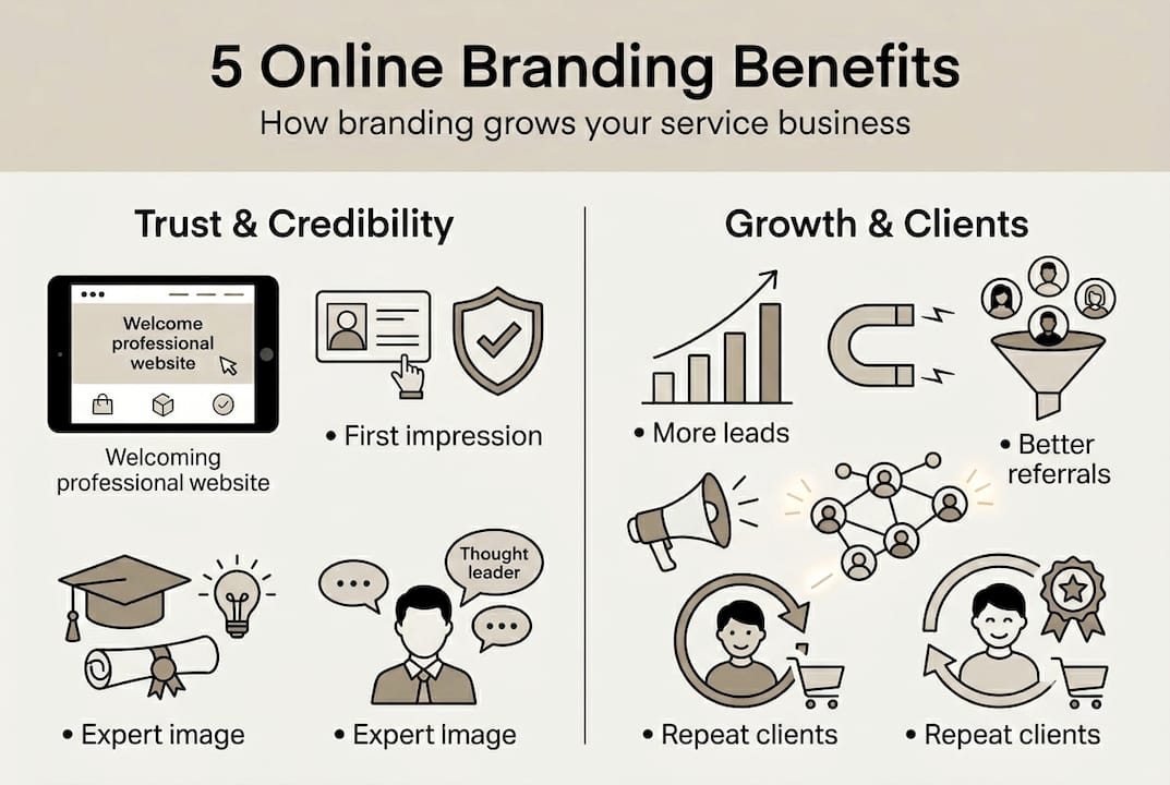 Infographic showing five online branding benefits