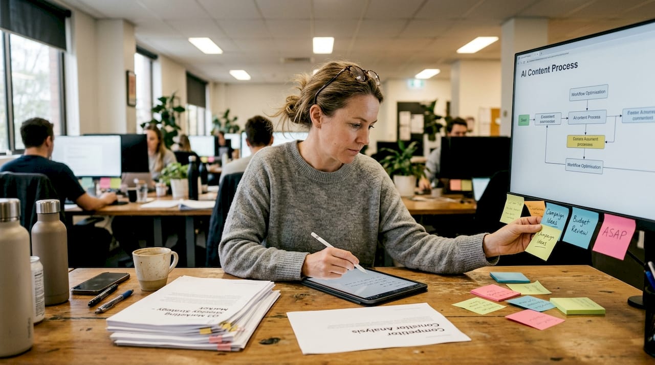 Manager using AI tools in office workspace