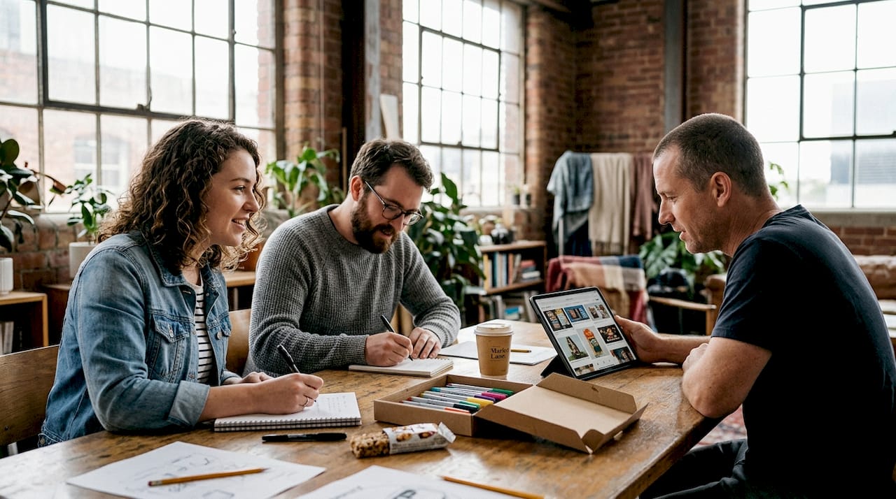 Creative team brainstorming digital ad refresh