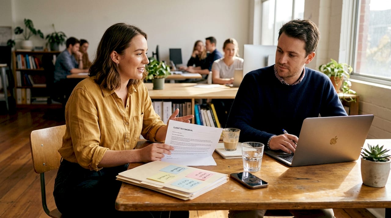 Colleagues reviewing written client testimonial