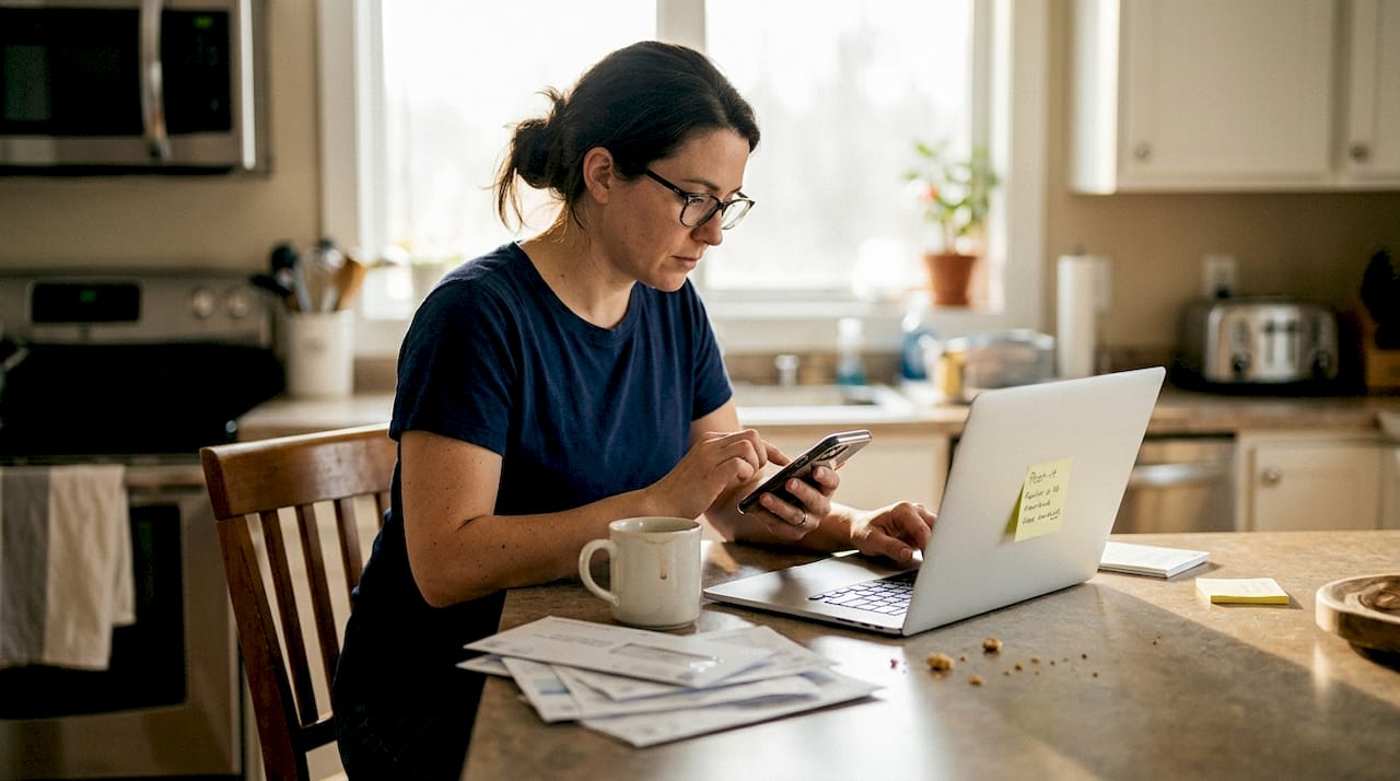 Business owner schedules marketing email at kitchen