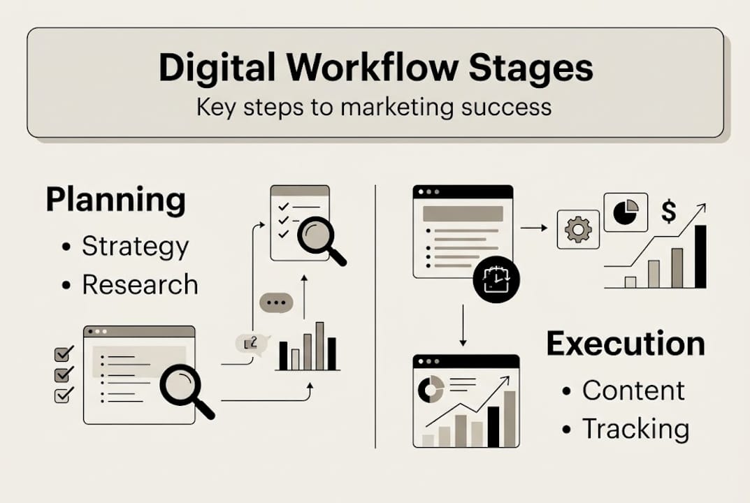 Infographic of digital marketing workflow stages