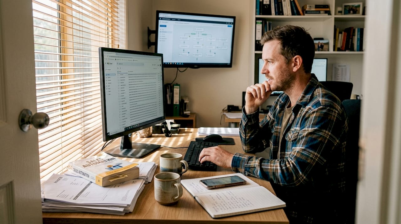 Man managing automated lead follow-ups