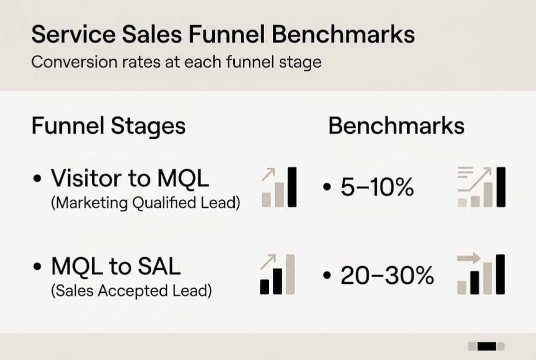 Infographic illustrating sales funnel stages and benchmarks