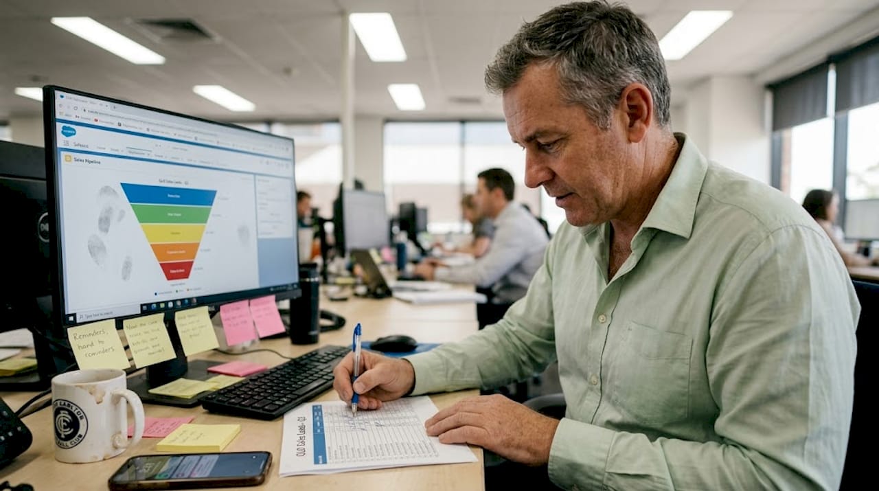 Man reviewing sales pipeline at desk
