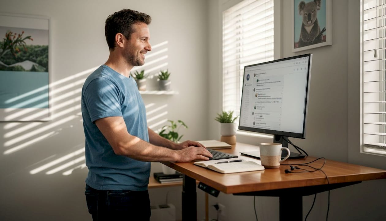 Man replying to social media comments in home office