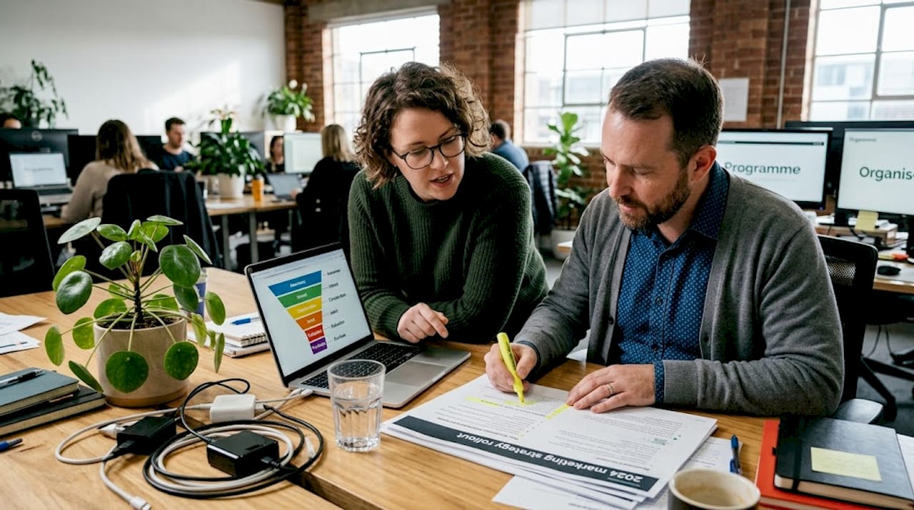 Colleagues planning digital strategy at workspace