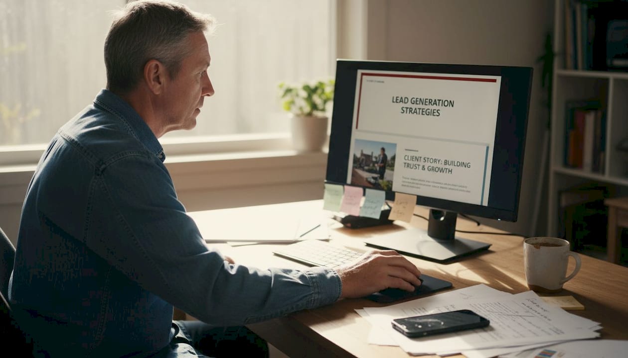 Business owner reviewing strategic PPT elements