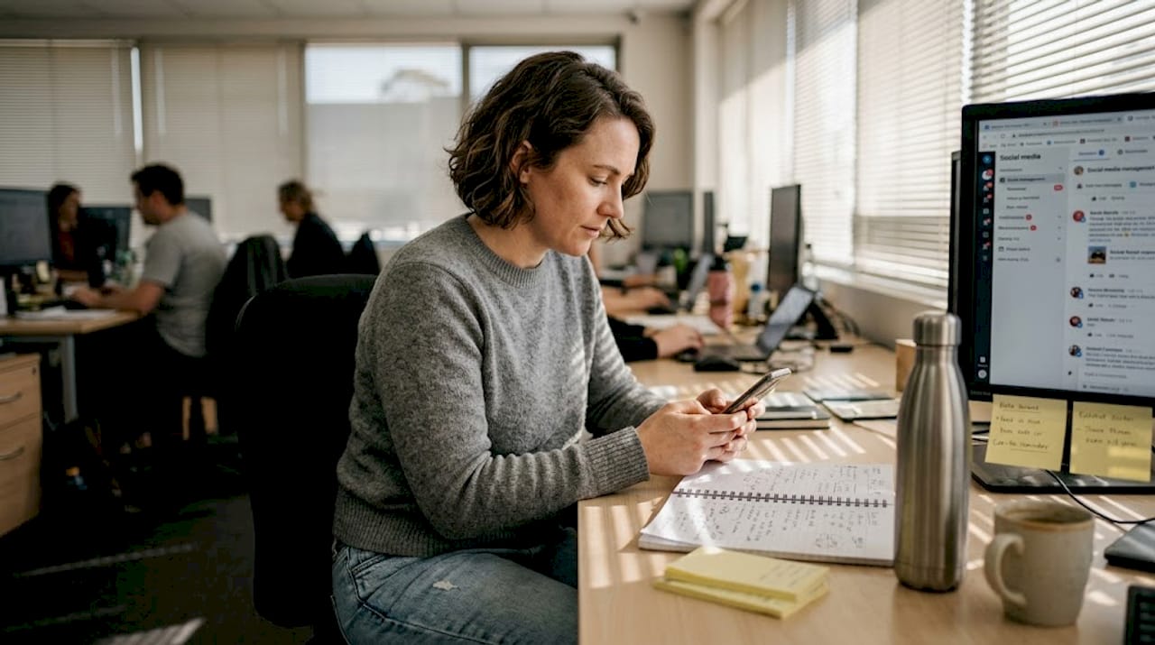 Woman responding to social messages at workspace