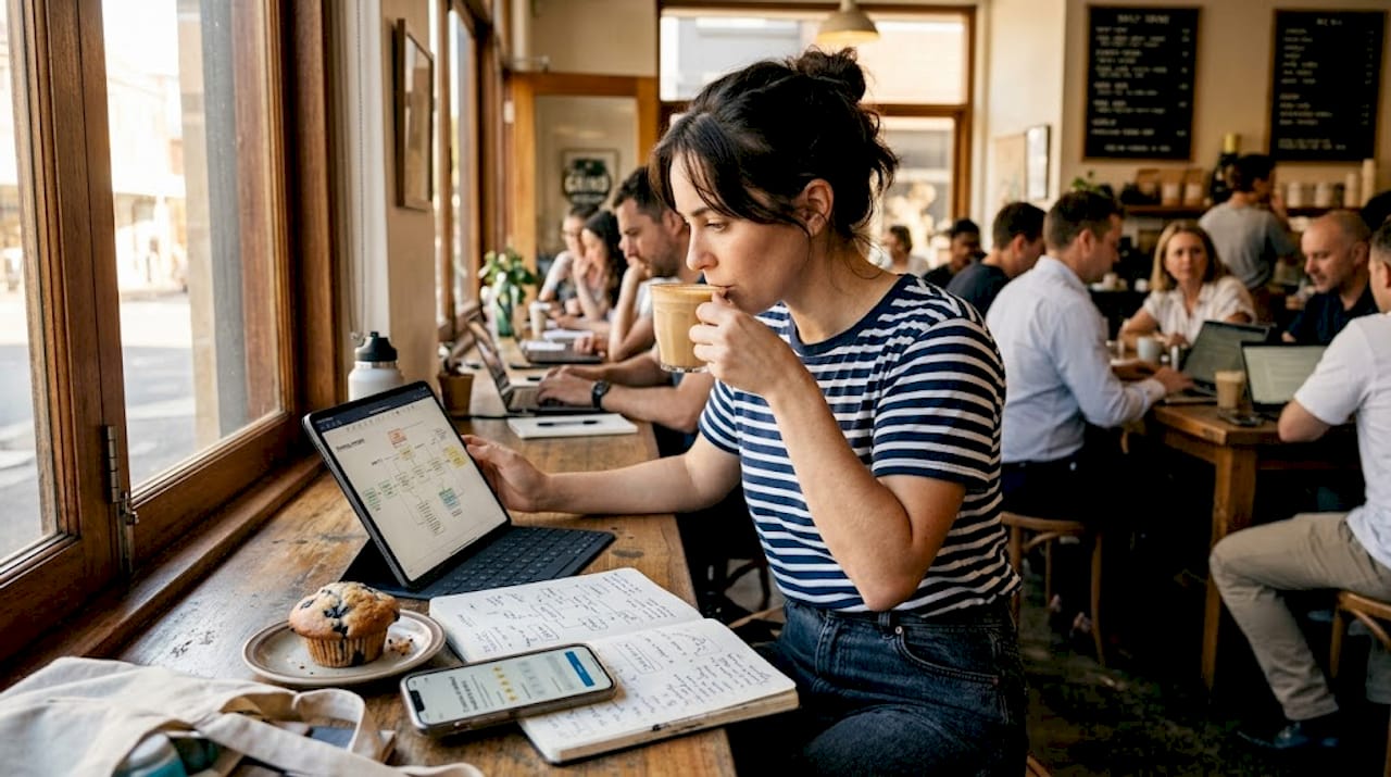 Strategist reviews omnichannel campaign at café