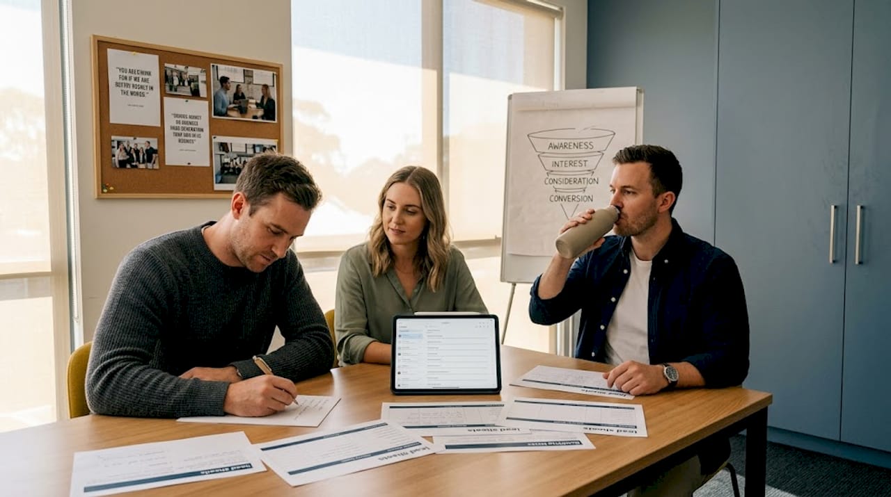 Team evaluating printed business leads