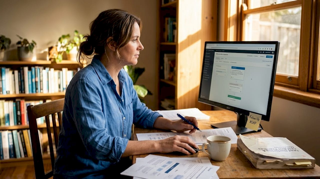 Woman setting up CRM lead nurturing at desk