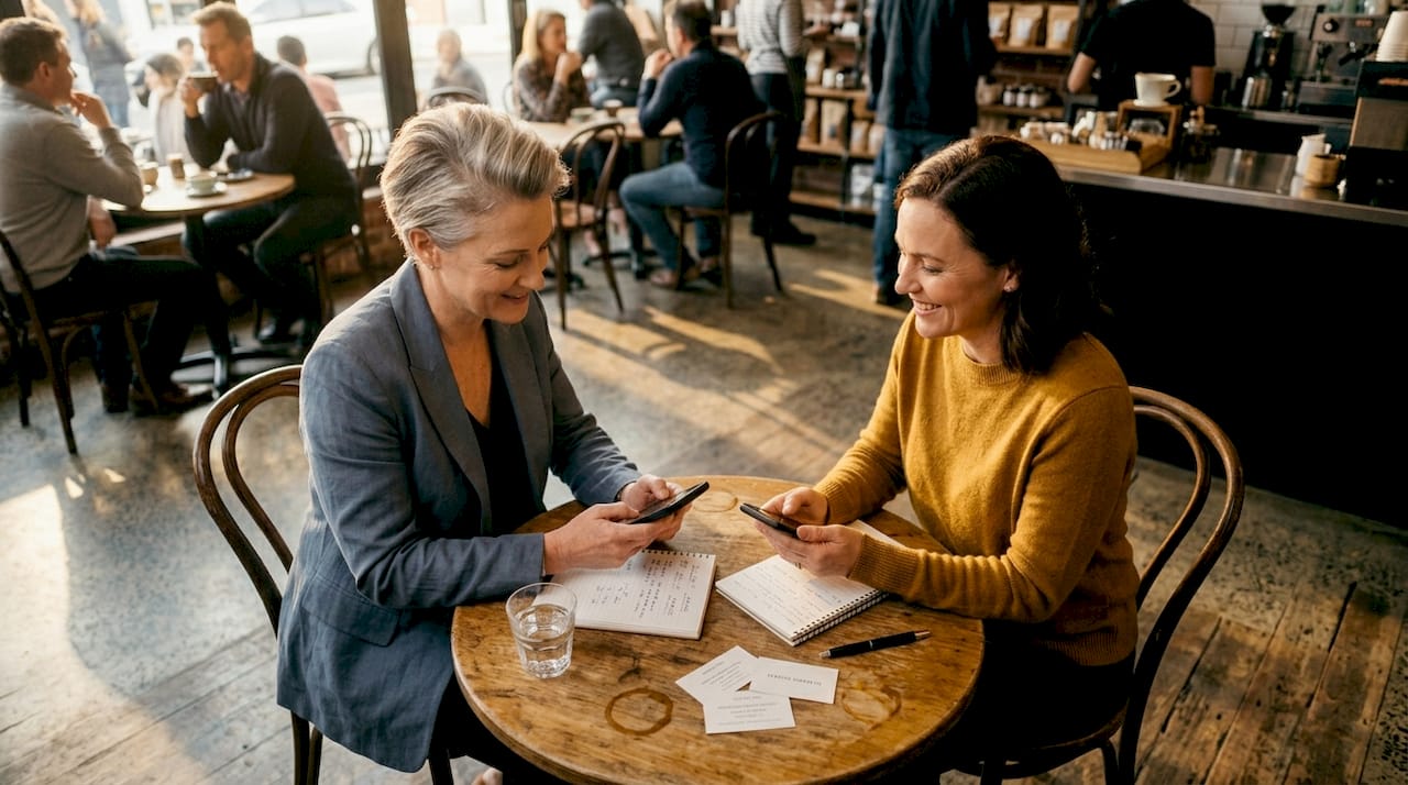 Women discussing client networking in café