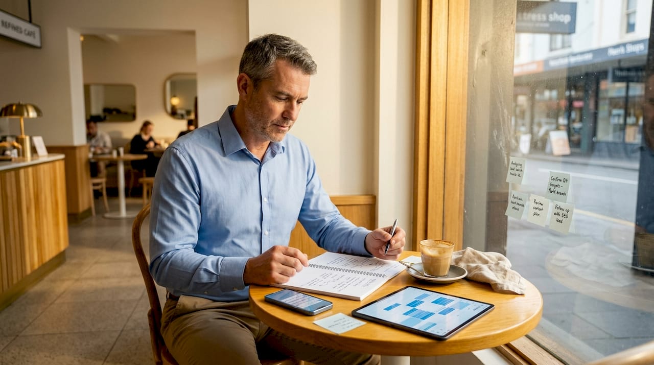 Person planning campaign in café setting