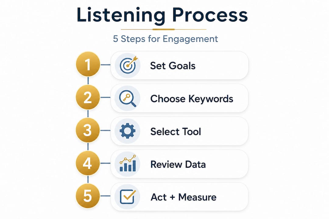 Infographic showing five steps for social media listening