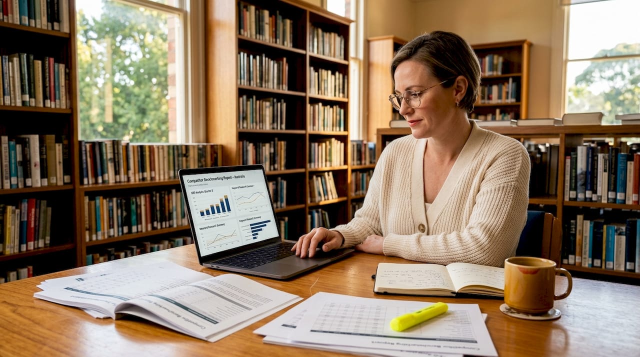 Consultant reviews marketing benchmarks at kitchen table