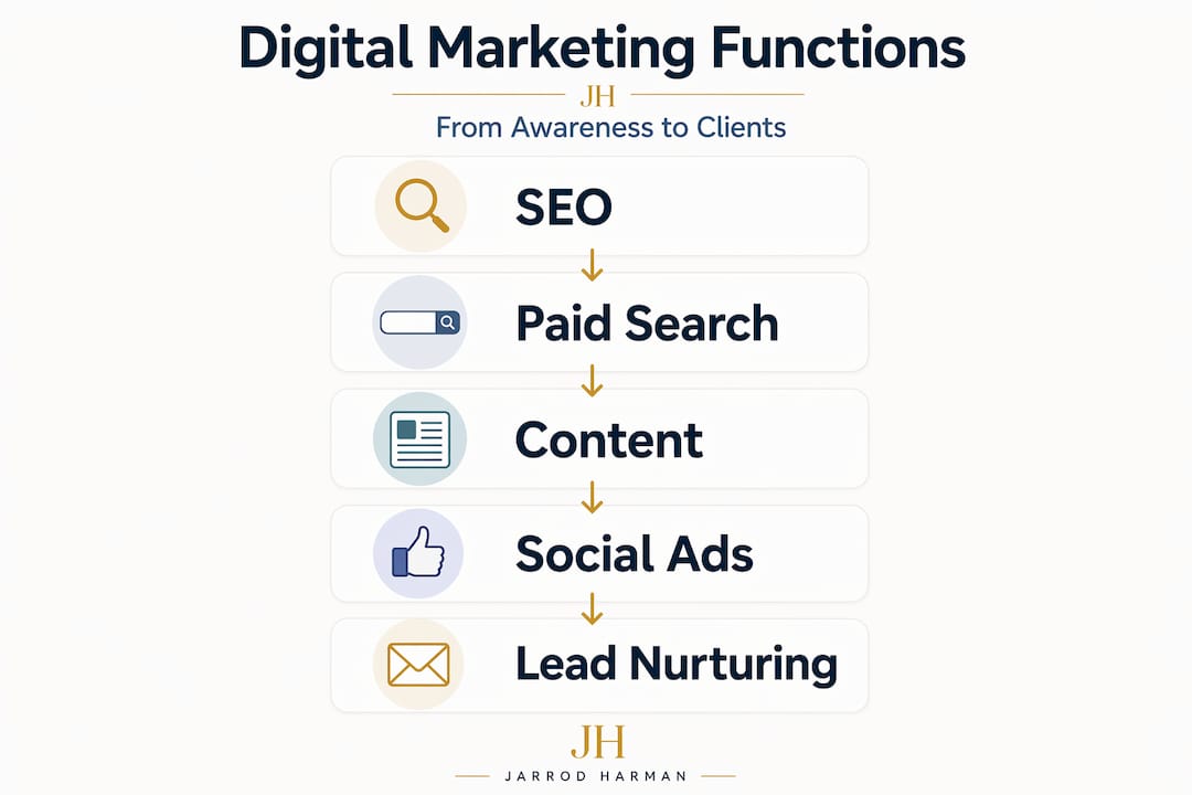 Infographic showing key digital marketing functions flow