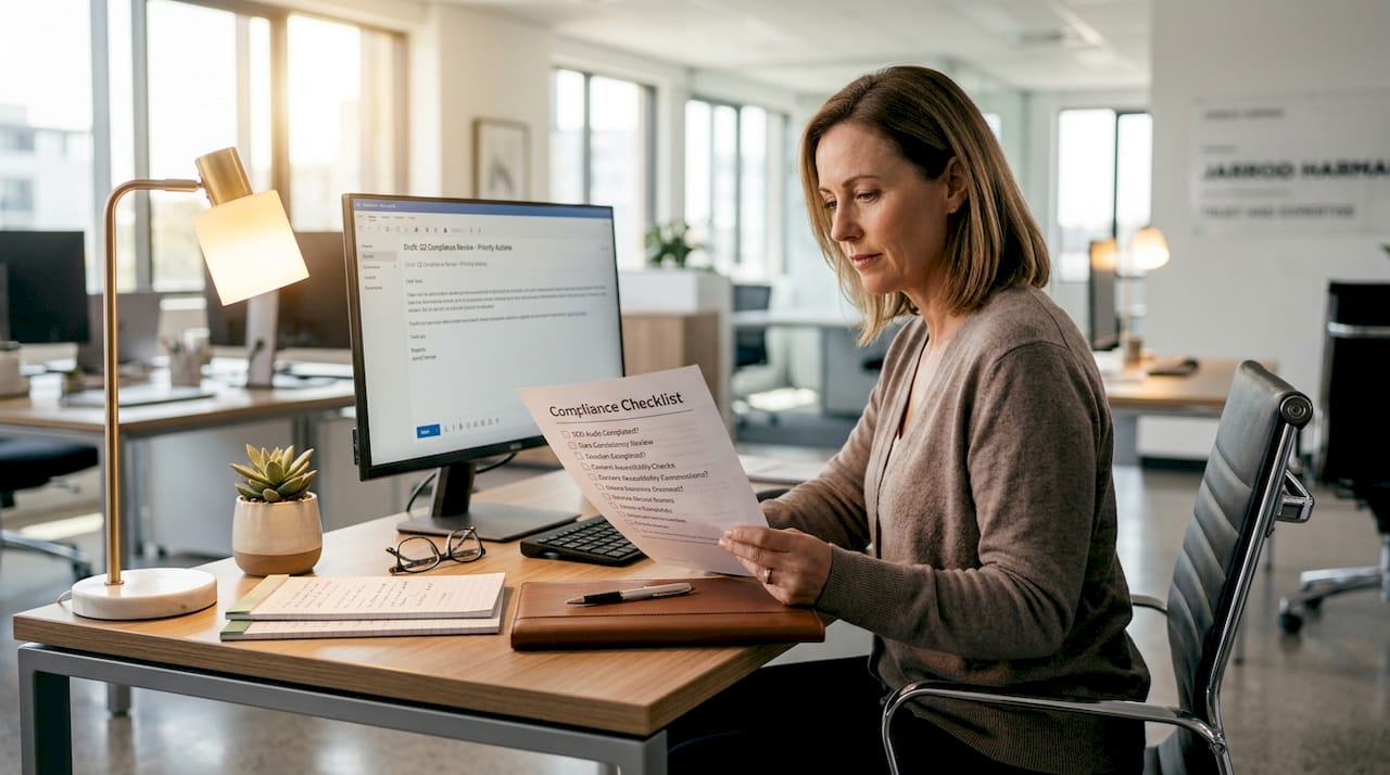 Businesswoman checks email compliance in office