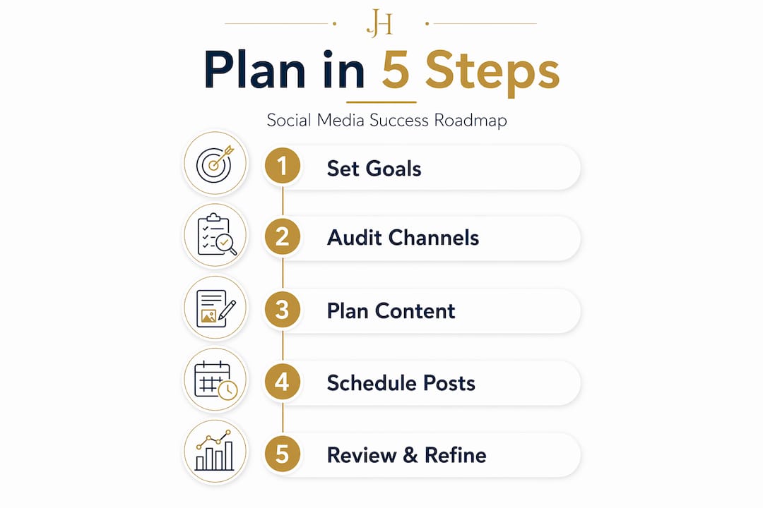 Infographic showing five steps for social media plan