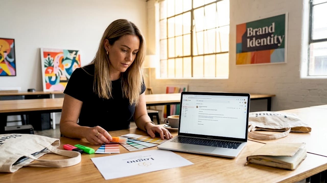 Marketer reviewing branding materials at workspace