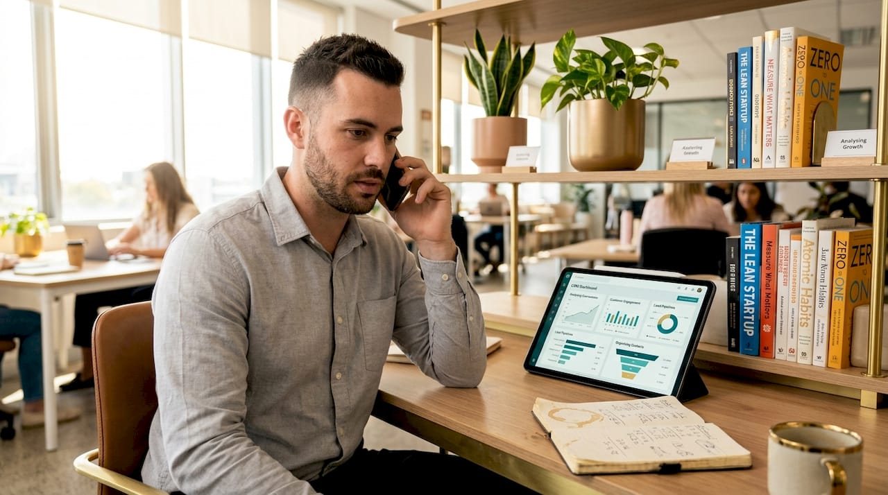 Salesperson making a follow-up call at desk