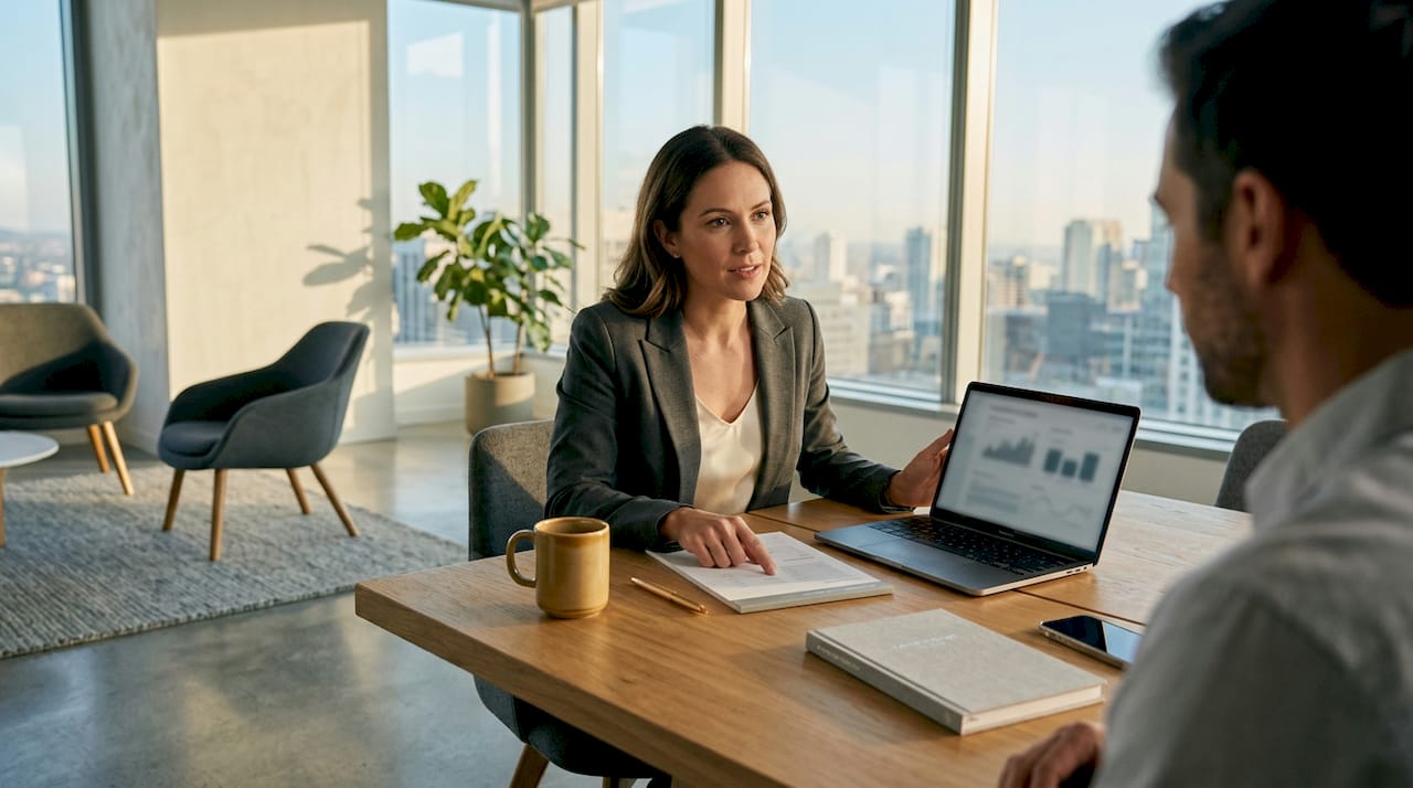 Woman conducting SEO research in home office