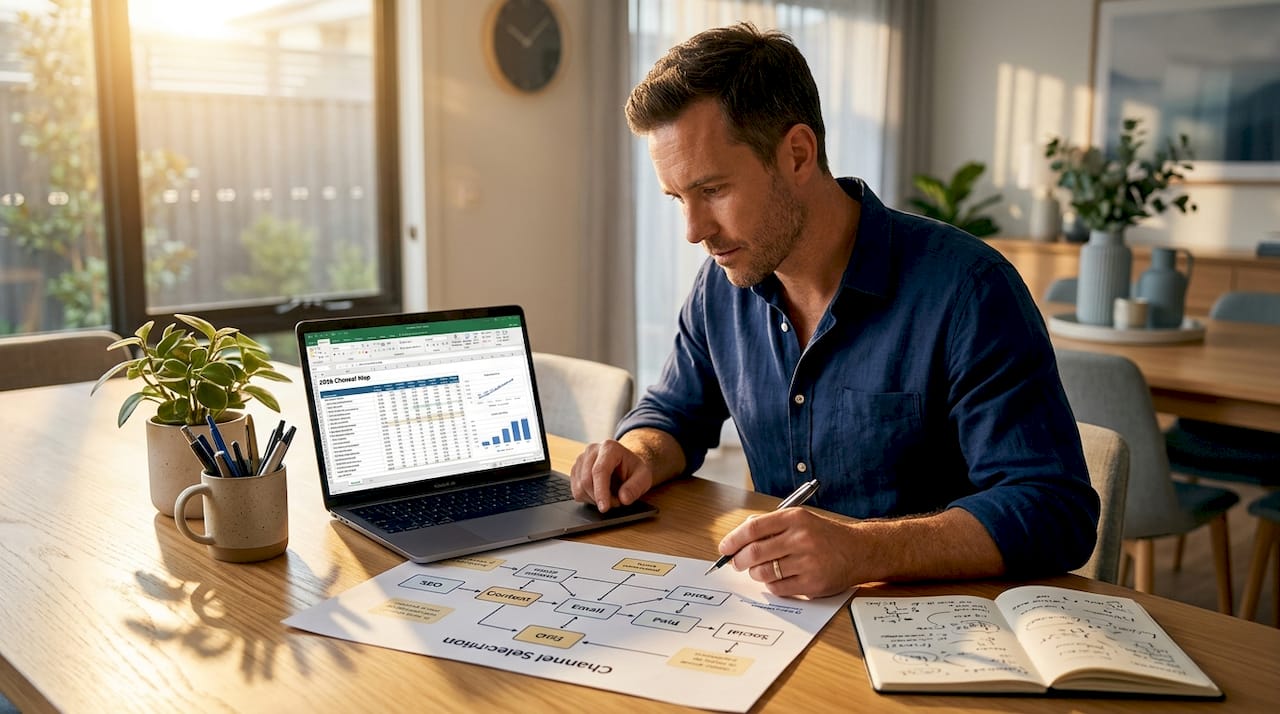 Marketer strategizing channel selection at home