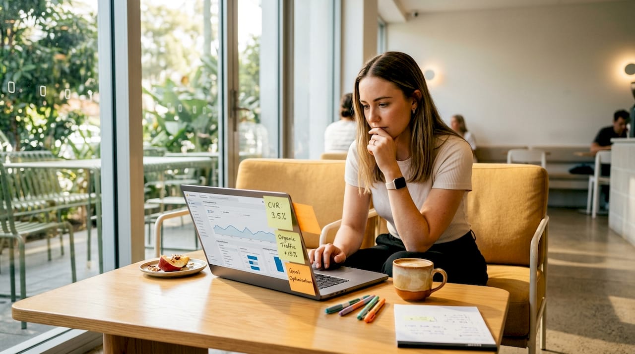 Marketer reviewing analytics dashboard on laptop