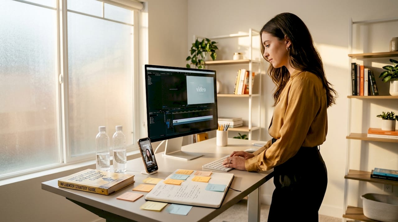 Assistant repurposes influencer content at desk