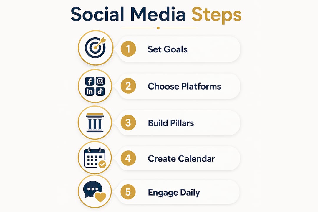 Vertical flow infographic of social media marketing steps