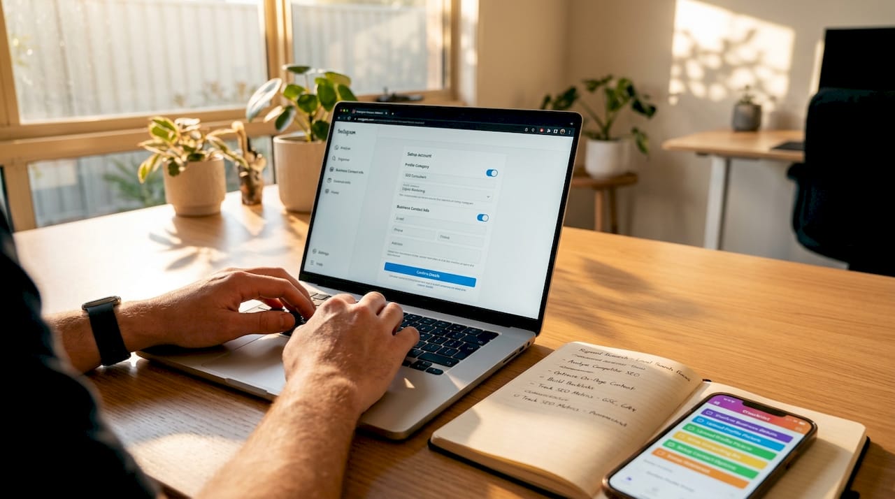 Hands setting up Instagram business account on laptop