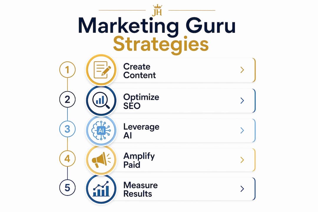 Infographic showing marketing guru strategies flow