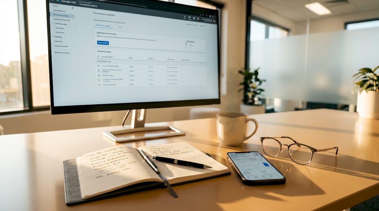 Workspace with digital marketing tools and analytics screen