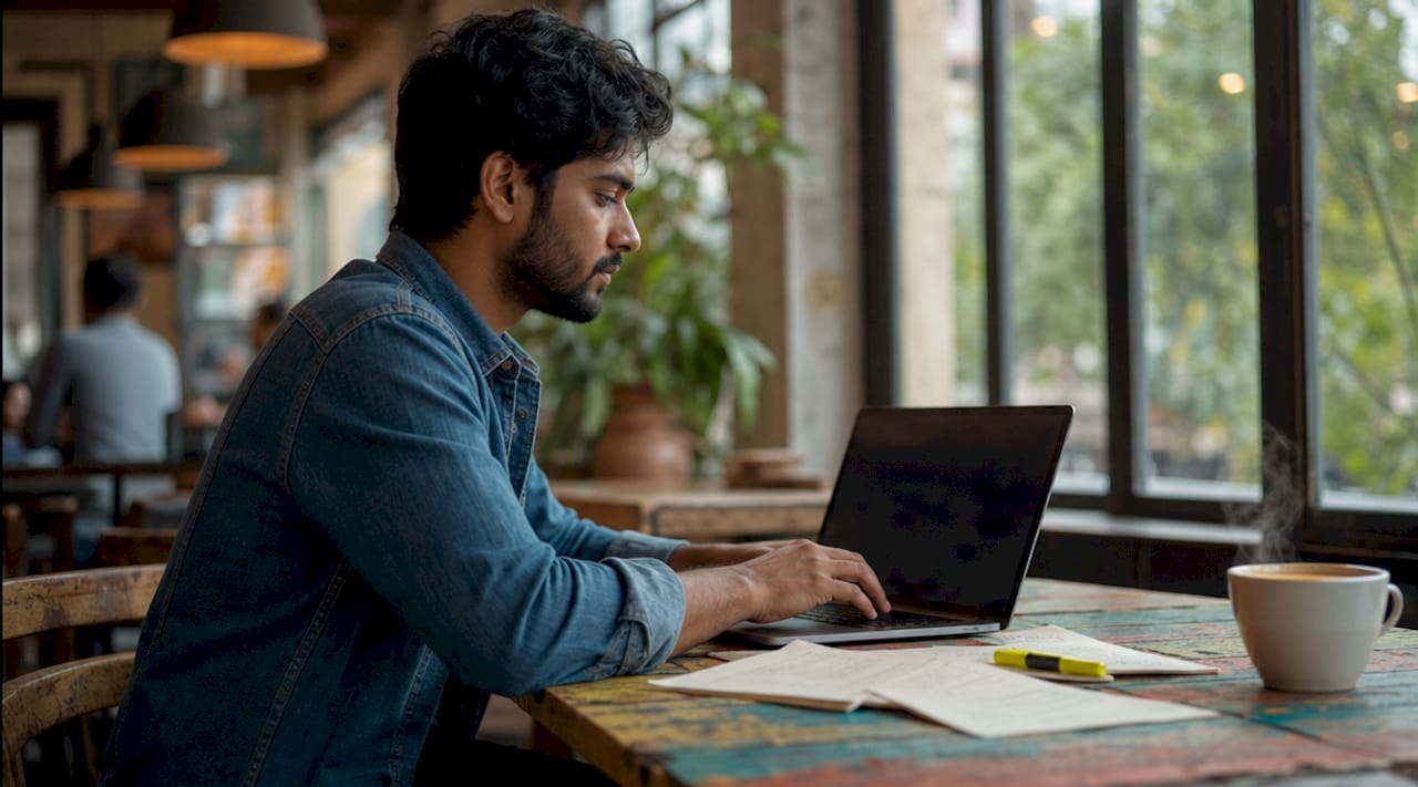Hands typing B2C funnel content on laptop keyboard
