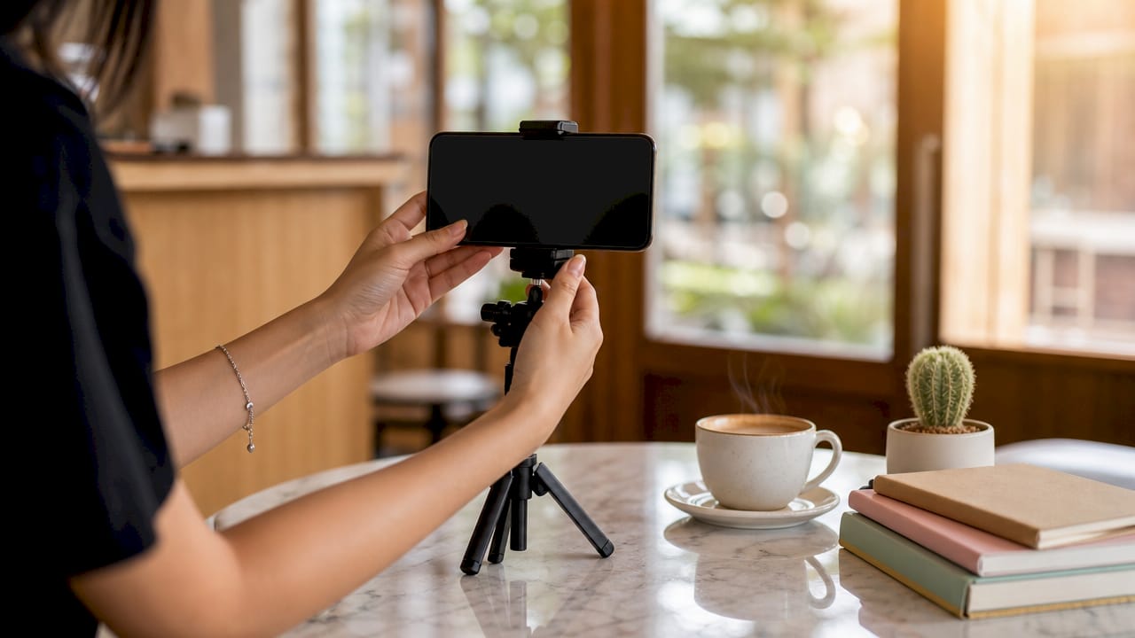 Hands setting up smartphone for in-ad lead capture