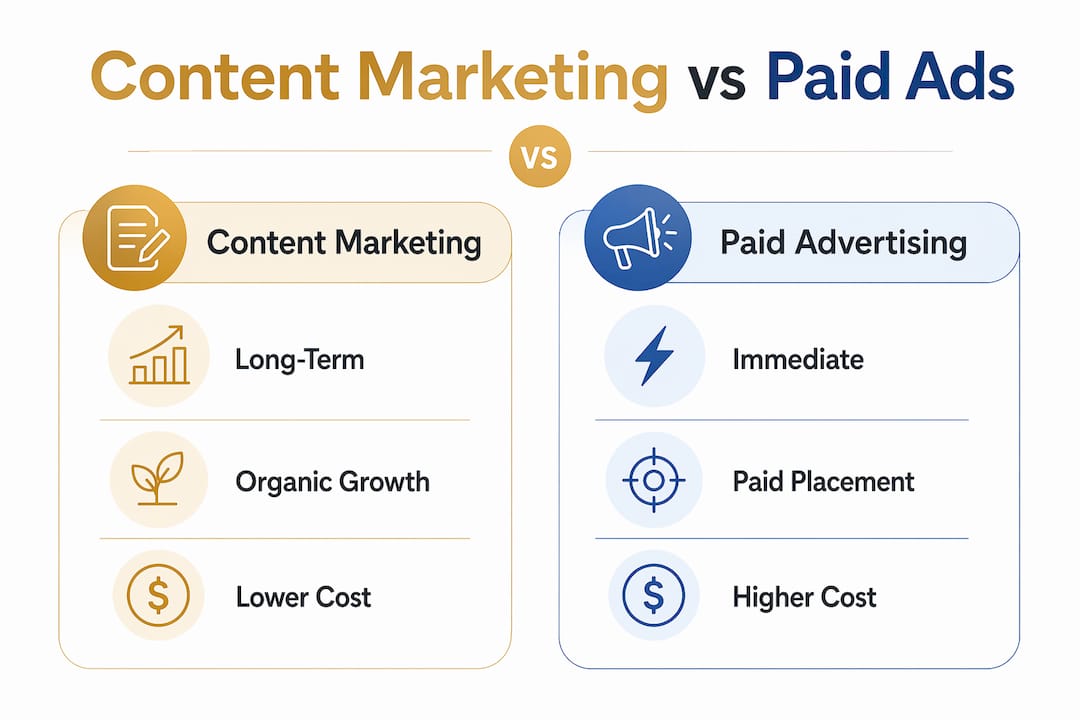 Infographic comparing content marketing and paid advertising