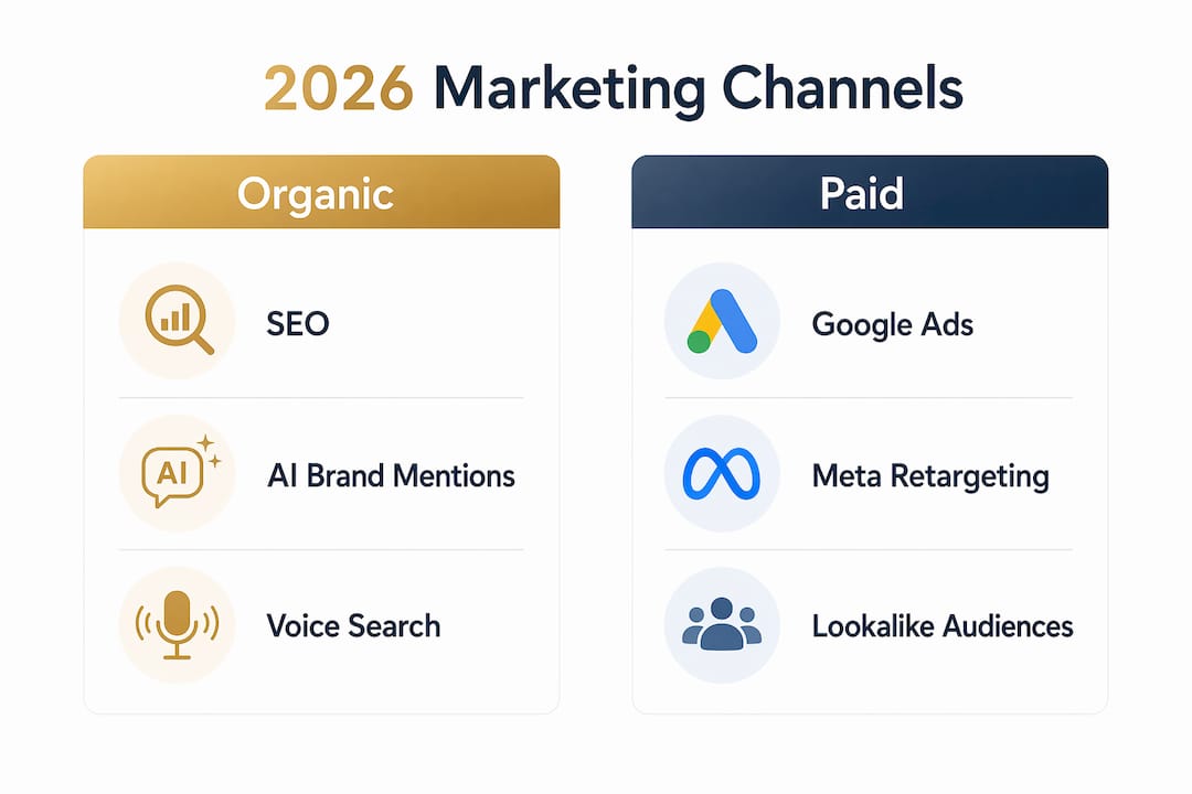 Infographic comparing organic and paid marketing channels