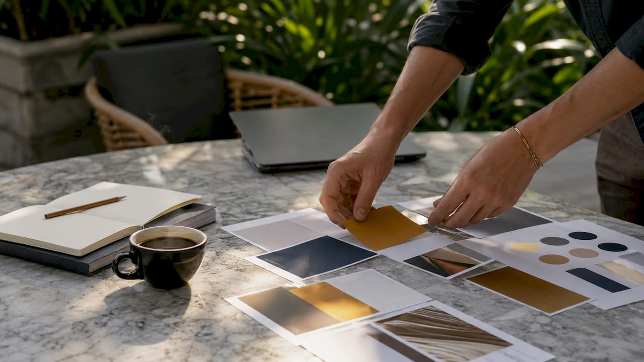 Hands arranging brand identity materials on table