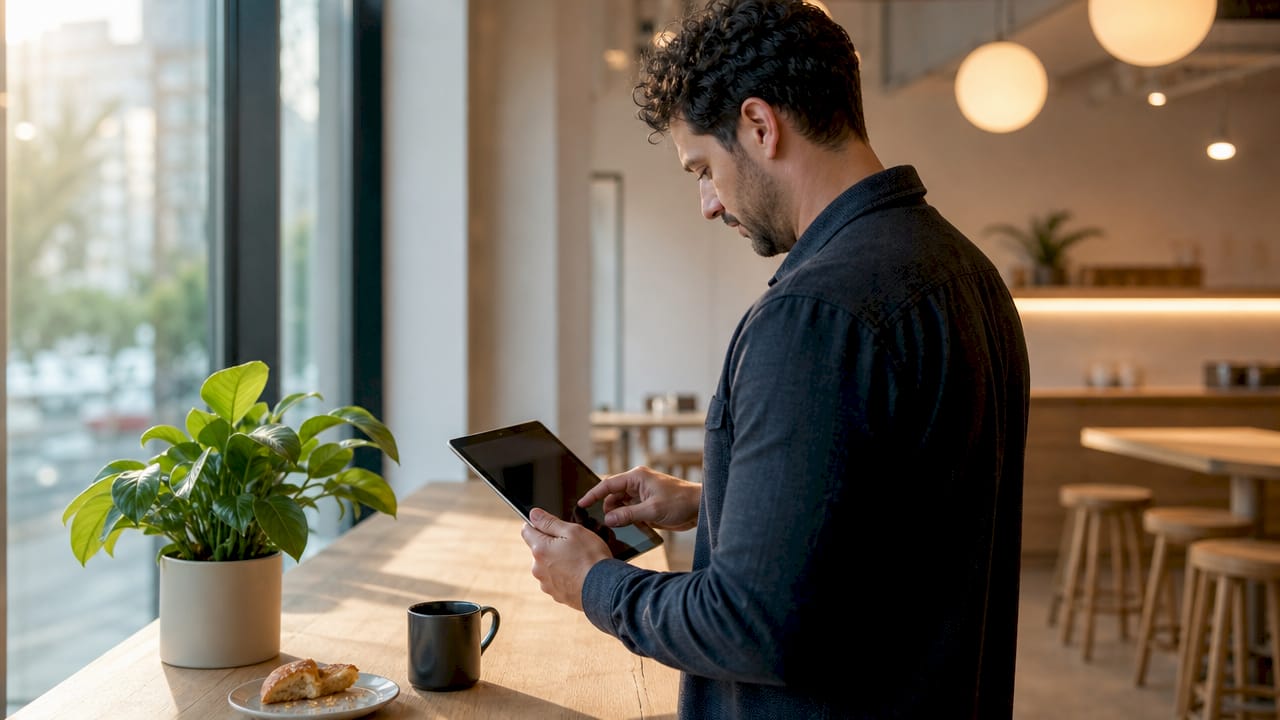 Marketer using tablet in coworking space